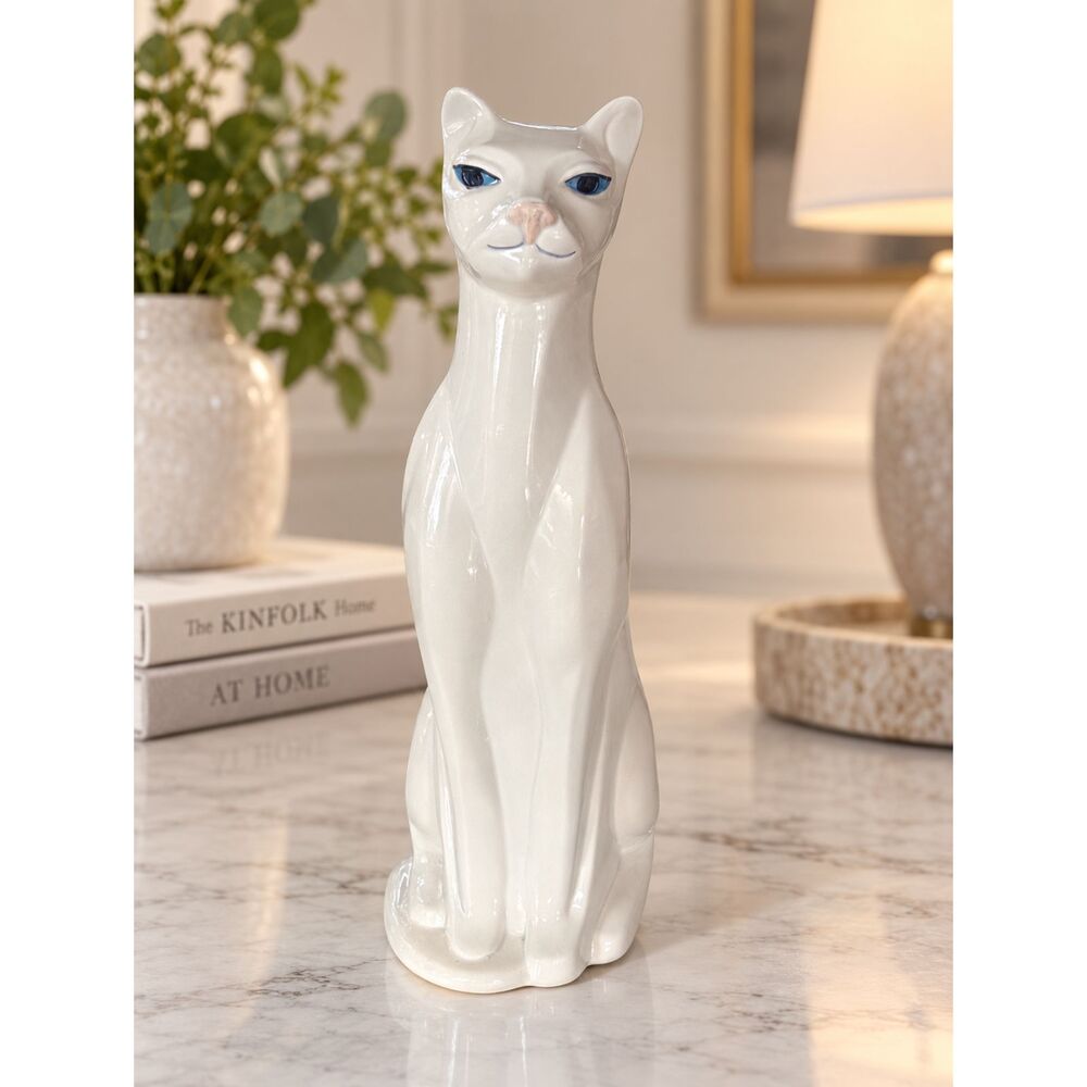 Vintage Tall White Ceramic Cat Figurine Blue Eyes Mid Century Style Decor